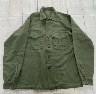 Vintage 1970s Usmc Sateen Utility Og - 107 Us Military Shirt 1960s All Cotton Usa