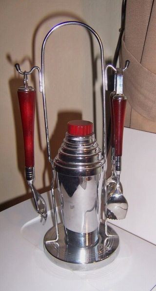 Vintage Art Deco Chrome And Bakelite Cocktail Shaker Set Glo Hill Of Canada