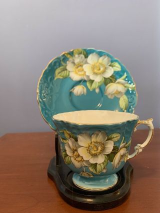 Ansley Teacup And Saucer.  Dogwood Flowers.  Teal Blue.  Bone China.  England