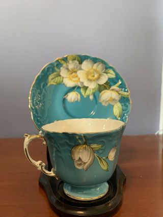Ansley Teacup And Saucer.  Dogwood Flowers.  Teal Blue.  Bone China.  England 2