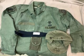 Vietnam Us Army Od Cotton Sateen Fatigue Shirt Airborne,  Belt,  Hat,  Pouch,  Named