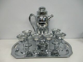 Vintage Art Deco Chrome Cocktail Shaker Martini Bar Set W 6 Glasses & Tray