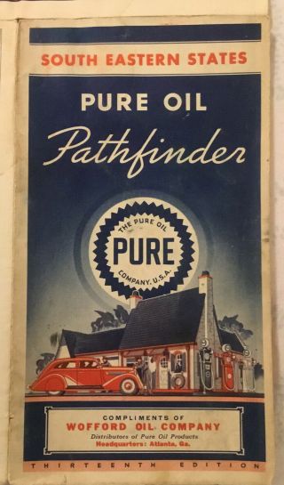 1936 South Eastern States Road Map 13th Edition,  Pure Oil Company