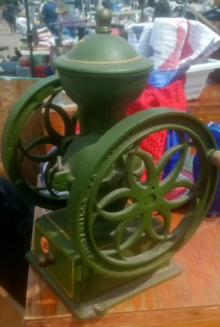 Vintage John Wright Coffee Mill Grinder Cast Iron 11 1/2 Inches Tall 2 Wheel