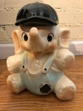 American Ceramic Cookie Jar Baby Elephant W/black Baseball Cap