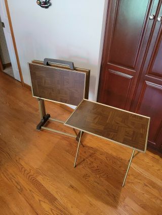Vintage Mid - Century Tv Tray Set (4) - Faux Wood - Paneled Trays W/ Cart On Wheels