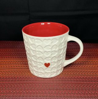 Starbucks - 2007 White Embossed Single Red Heart - 16 Oz - Coffee Tea Mug Cup