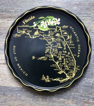 Vintage State Of Florida Souvenir Tray Round Black Metal Map Orange Blossom