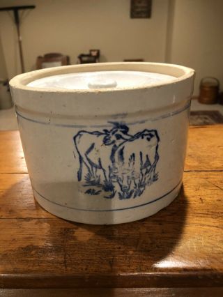 Antique Stoneware Butter Crock With Lid - Cows Grazing