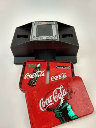 Bicycle Card Shuffler with 2 Decks of Coca Cola Playing Cards in Coca Cola Tin 2