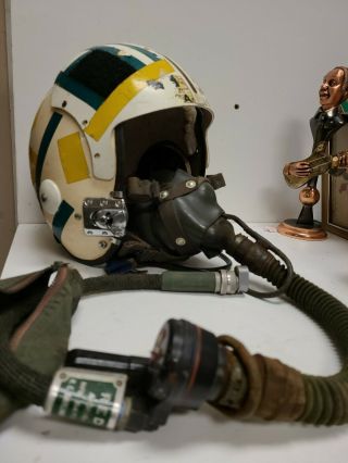 Vietnam Era Navy Aph - 5 Pilot Helmet W Microphone Connectors & Oxygen Mask Sierr