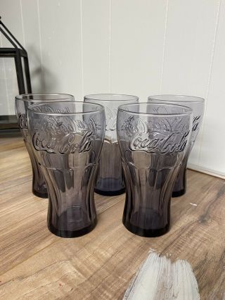 Set Of 5 Vintage Coca Cola Coke Amethyst Purple Glasses By Libbey 16 Oz 6 "