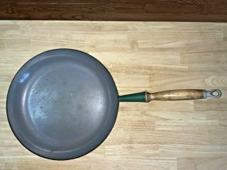 Vintage Le Creuset 11.  5” 29 Green Enamel Skillet Frying Pan Long Wood Handle 2
