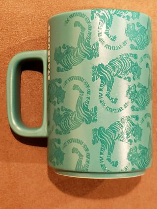 Starbucks Teal Blue Green Embossed Tiger Ceramic Coffee Cup Mug (12 Oz)
