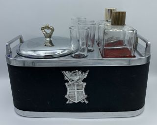 Vintage Musical Bar Caddy Decanters Shot Glasses Ice Bucket Crest Leather