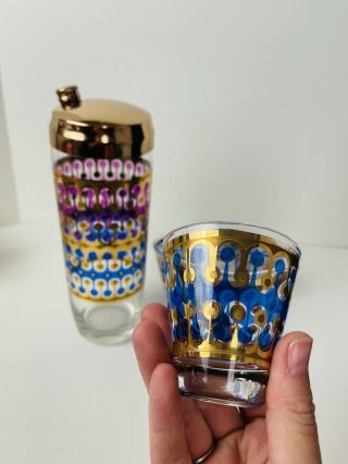 Vintage Barware PASINSKI MCM Cocktail Shaker Set 4 Glasses Gold Blue Purple LOVE 3