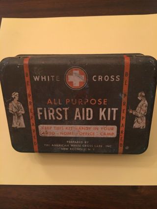 Vintage White Cross All Purpose First Aid Kit Tin 7.  5 " Metal Box Nurse Doctor