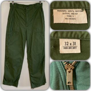 Vtg Pre - 1967 Cotton Sateen Og - 107 Trousers 31 X 30 Military Us Army Pants 60s