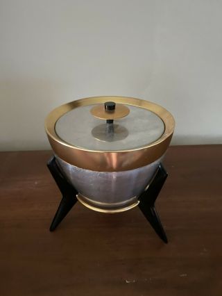 Mid Century Modern Mirro Medallion Bullet Ice Bucket W/ Tripod Stand - Atomic