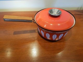 Vintage Cathrineholm Norway Orange Lotus Enamelware 8.  5 Diameter Pot With Lid