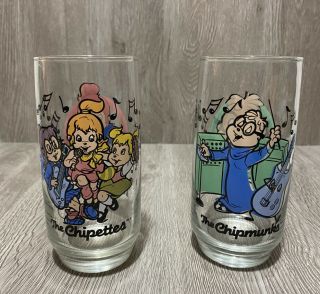 Vintage 1985 Simon And The Chipettes Drinking Glasses Set Of 2 " The Chipmunks "