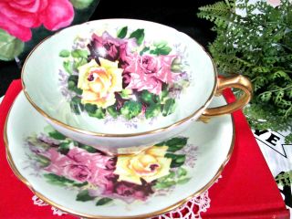 Stanley Tea Cup And Saucer Cabbage Rose Pattern Lime Teacup England 1940s
