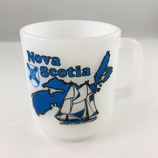 Vintage Glasbake Nova Scotia White Coffee Tea Cup Mug Blue Sailboat Made In Usa