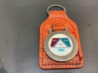 Vintage Orange Leather Keyring Old Ford Logo Keychain 3 Lions Ancien Porte - Clés