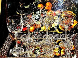 Fabulous Hand Cut Crystal Set 6 Hock Wine Glasses Gold Decorated Rim Bohemia?