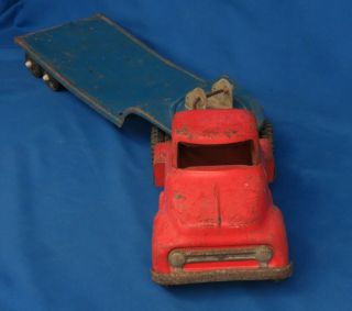 1950s Tonka Toys Red Cab Tow Truck W/ Blue Lowboy Trailer