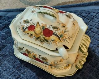 Large Tureen Lidded With Soup Ladle Under Plate Thanksgiving Festive Food