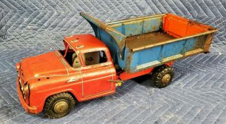 Vintage Pressed Steel 1950s Marx Lumar Dump Truck Toy Red Blue 18 "