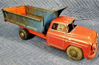 Vintage Pressed Steel 1950s Marx Lumar Dump Truck Toy Red Blue 18 