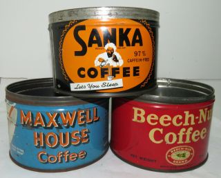Three Vintage Keywind One Pound Coffee Tins Maxwell House,  Beech - Nut,  Sanka