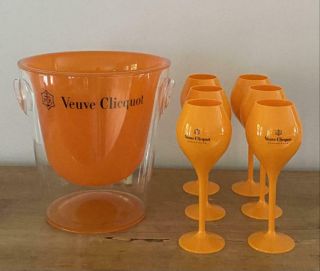 Veuve Clicquot Orange Melamine Plastic Champagne Ice Bucket,  6 Flutes Glasses