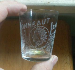 Conneaut Lake Etched Indan Head 1890s Advertising Souvenir Whiskey Shot Glass