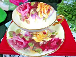Stanley Tea Cup And Saucer Painted Cabbage Roses Teacup Pink Yellow England