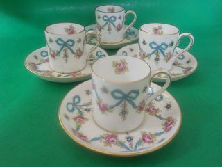 Set Of 4 Crown Staffordshire Roses & Bows Demitasse Cups & Saucers