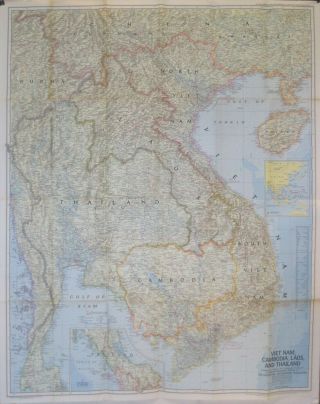 Large 1967 Map Vietnam Laos Cambodia Thailand Khe Sanh Da Nang Saigon Hanoi Hue