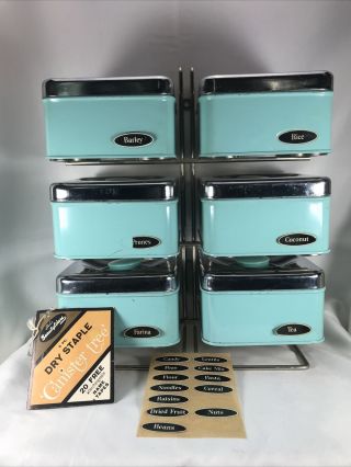 Vintage Lincoln Beautyware Turquoise Aqua Kitchen Canister Tree Set Labels Sfc