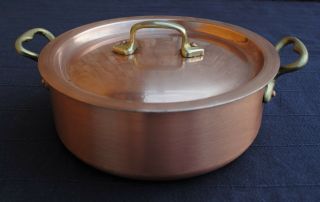 Small Heavy Copper / Brass Pot Casserole With Lid Thickness 3,  2 Mm 2,  1 Kg