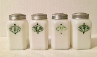 4 Hazel Atlas Green Shield White Milk Glass Shakers Salt Pepper Chef Boy - Ar - Dee