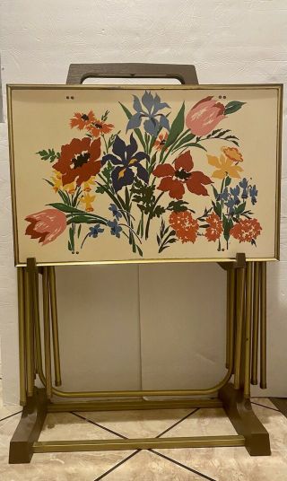 Vintage Lavada Tv Tray Set Of 4 With Cart - Floral Motif Mcm