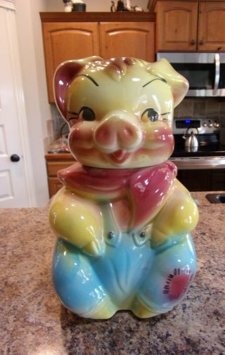 American Bisque Farmer Pig In Overalls Cookie Jar