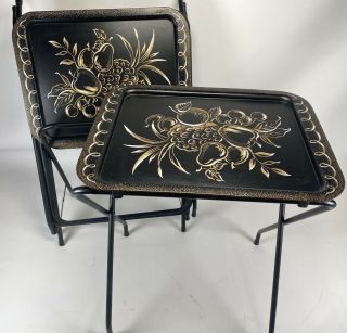 3 Vintage Cal - Dak Metal Tv Trays With Stand Gold Silver Fruit Design Black Legs