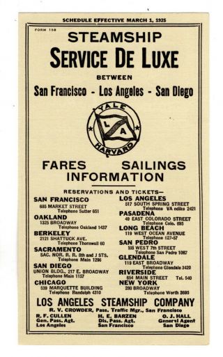Steamship Schedule,  Service De Luxe,  Los Angeles Steamship Company,  March 1925