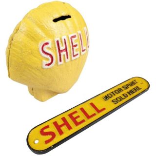Shell Oil Logo Set - 1x Small Sign 1x Clamshell Money Box Coin Bank - Cast Iron