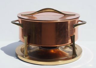Danish Modern 60s Dansk ' Quistgaard Copper ' Saucepan Porcelain Liner Brass Stand 2