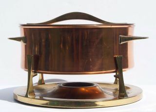 Danish Modern 60s Dansk ' Quistgaard Copper ' Saucepan Porcelain Liner Brass Stand 3