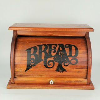 Vintage Bread Box Wood Roll Top Brown Rustic Country Farmhouse